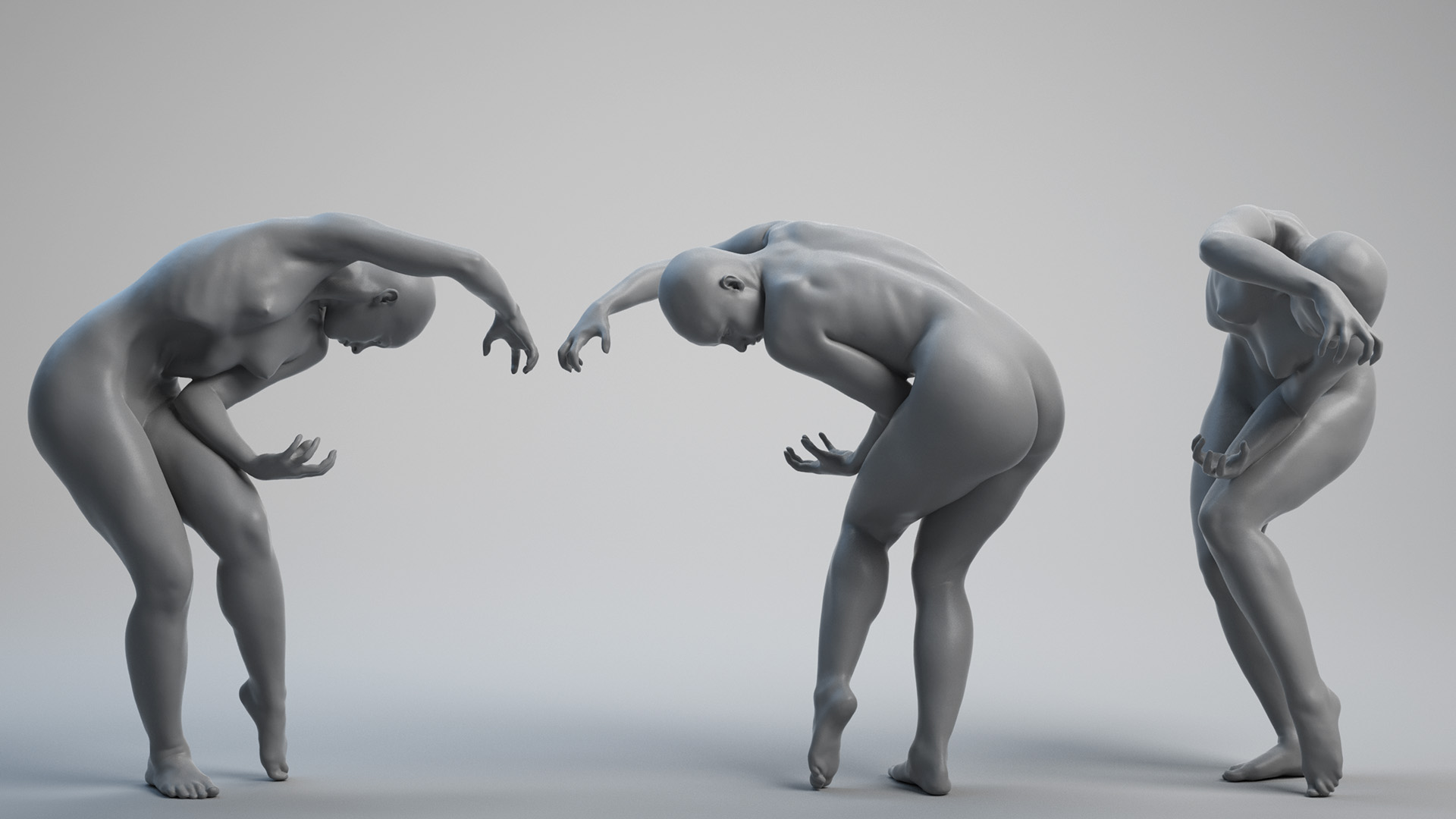 Naked female contorted pose in three dimensional reference pose model